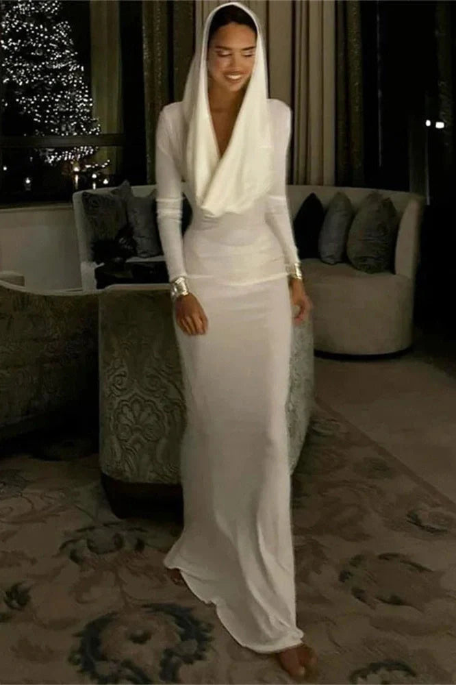 V-Neck High Waist Slim Long Sleeve Bodycon Maxi Dress