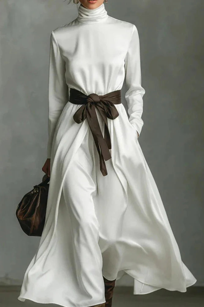 Elegant Lace Up Pleated Turtleneck Long Sleeve Maxi Dress