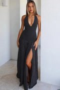 Backless Deep V Neck Sleeveless High Split Bodycon Maxi Dress