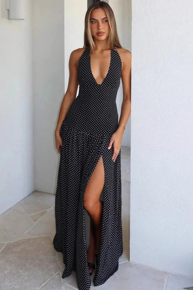 Backless Deep V Neck Sleeveless High Split Bodycon Maxi Dress
