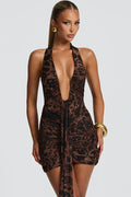 Printed Deep V Neck Sleeveless Backless Mini Dress