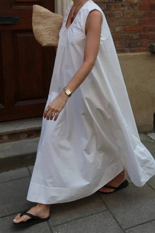 Sleeveless Cotton U-Neck Loose Maxi Dress