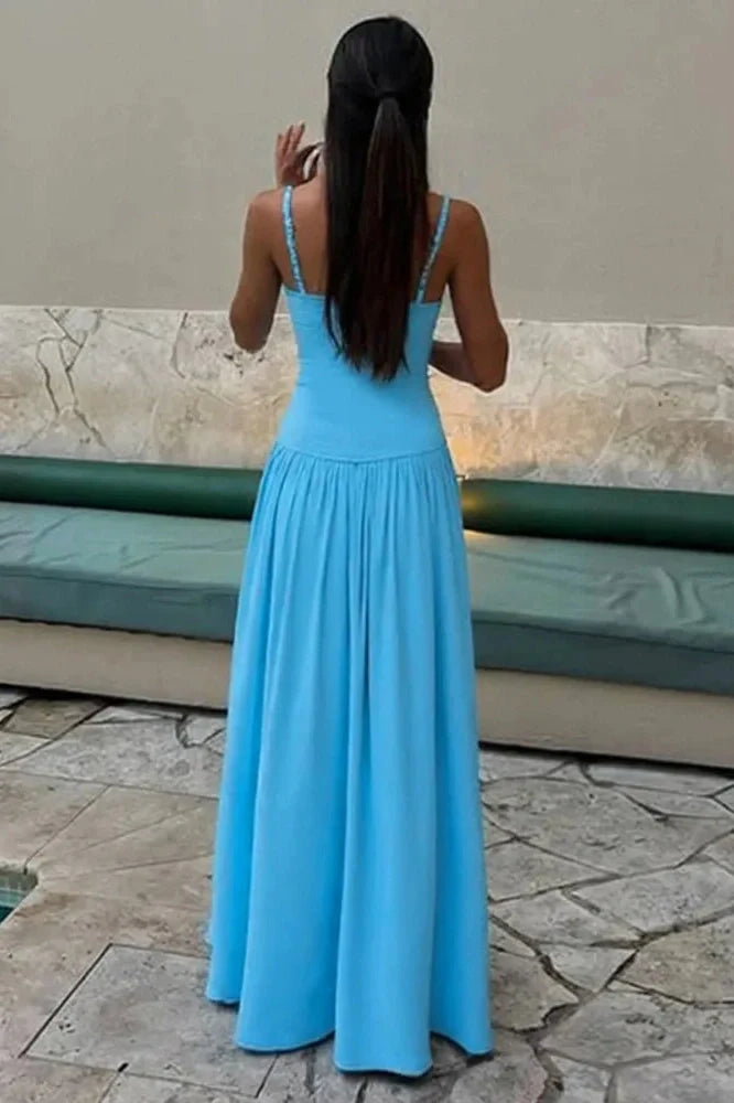 Spaghetti Strap Backless Sleeveless High Waist Pleated Maxi Dress