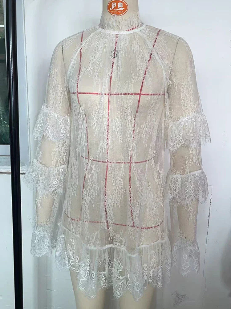 Lace See-Through Long Sleeve Loose Mini Dress