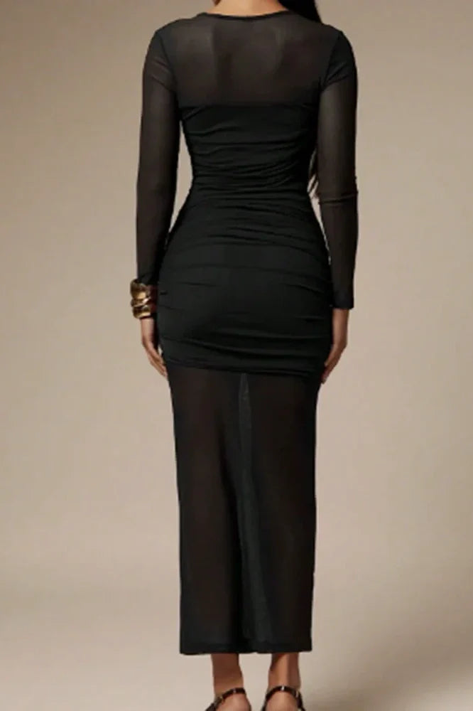 O-Neck High Waist Pleated Long Sleeve Slim Maxi Dress