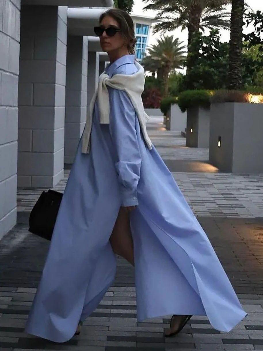 Long Sleeve Loose Single Breasted Slit Maxi Dress