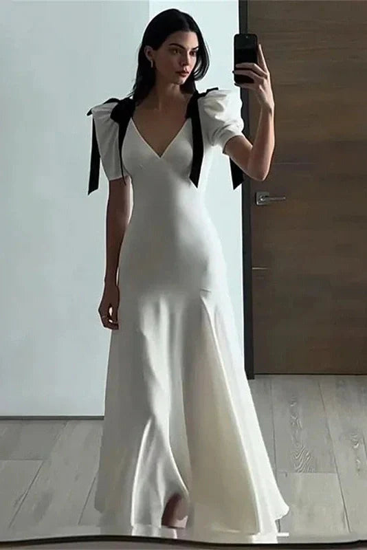 Elegant Lace Up Puff Sleeve V Neck Maxi Dress