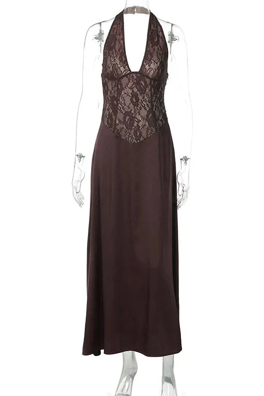 Hollow-Out Lace Patchwork Deep V-Neck Maxi Dress