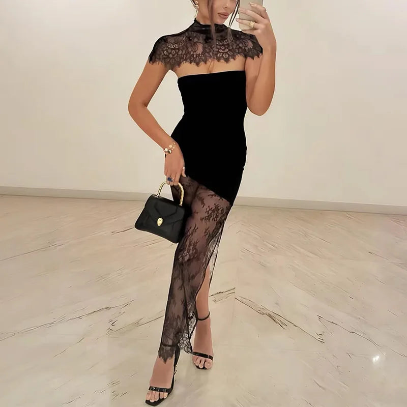 Strapless See Through Patchwork Backless Maxi Dress