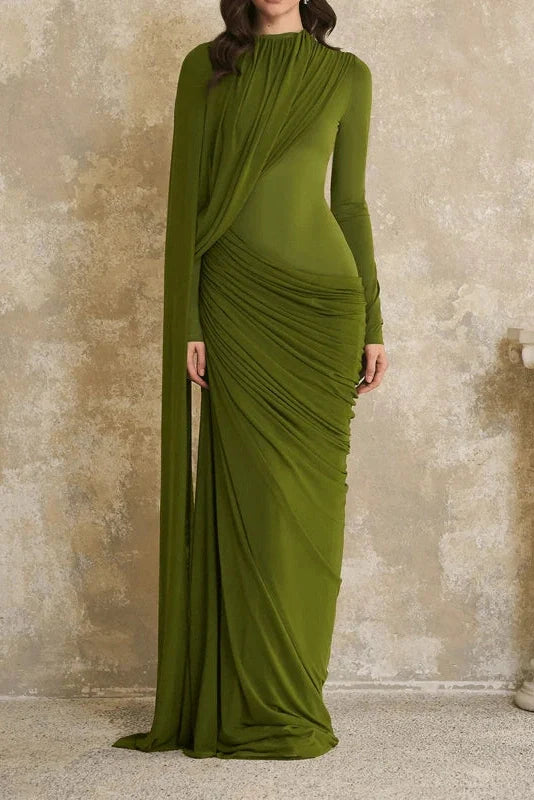 Long Sleeve High Waist Slim Pleated Maxi Dress