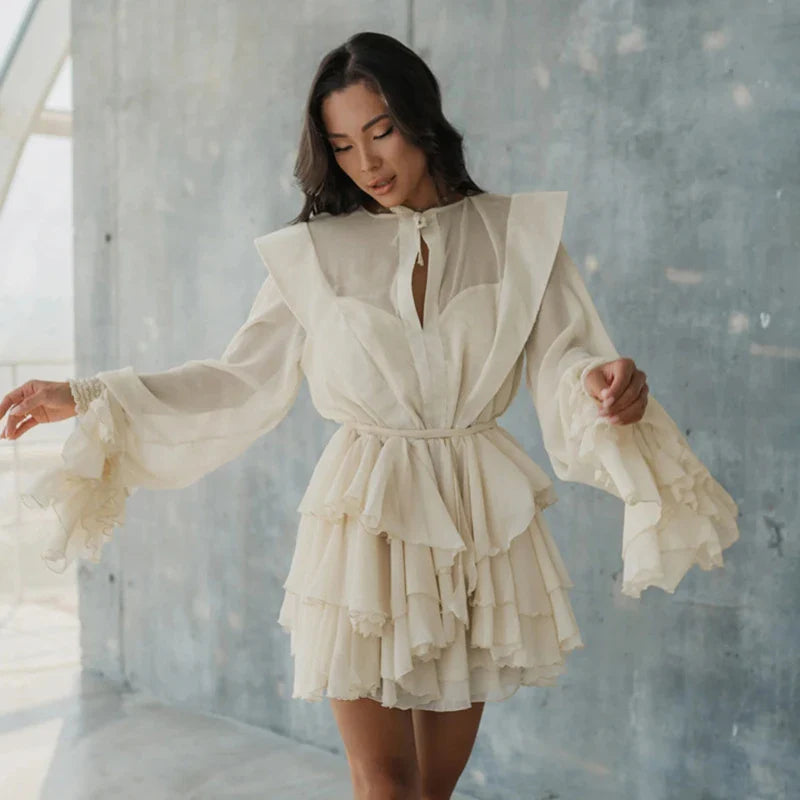 See-Through Long Sleeve Lace Up Mini Dress