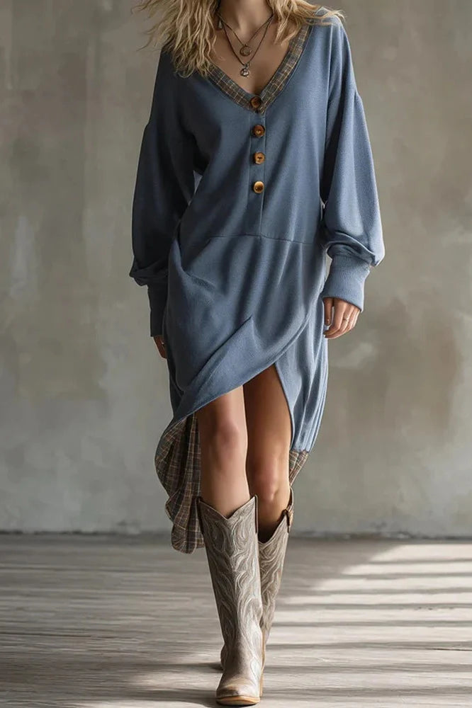 Long Sleeve V-Neck Button Split High Waist Irregular Midi Dress