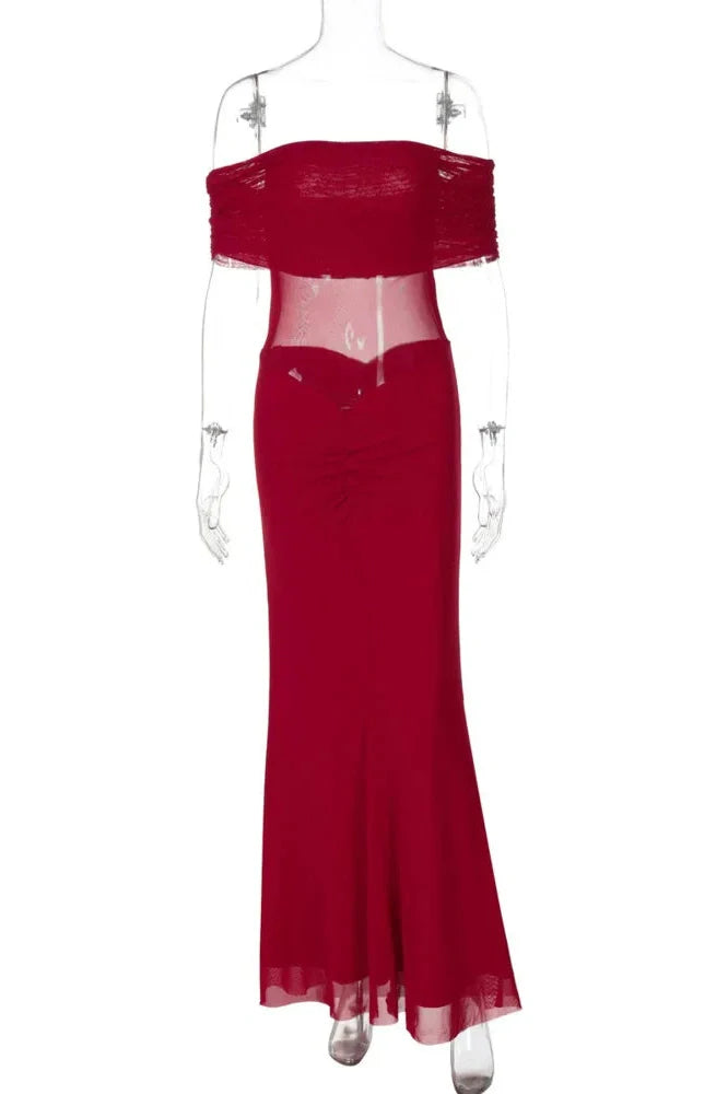 Off-Shoulder Backless Strapless Sleeveless See Through Maxi Dress