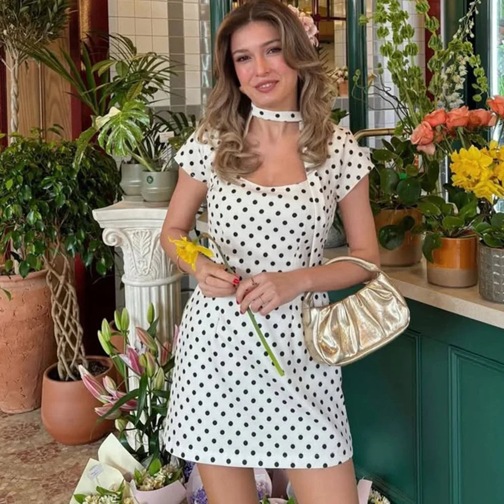 Elegant Polka Dot Lace-Up Hollow Out Mini Dress