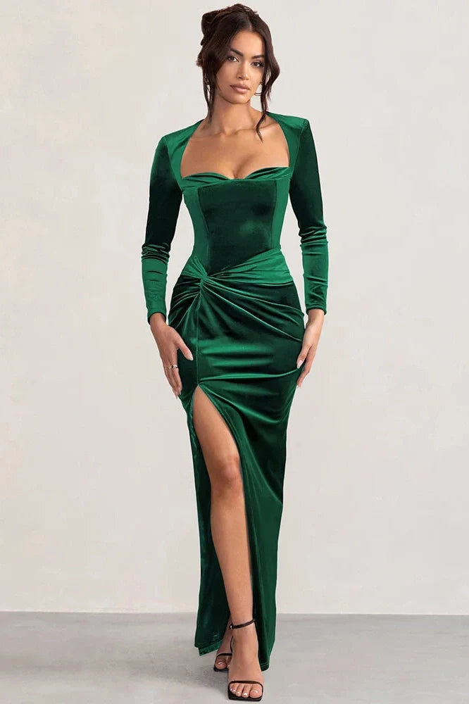 Square Collar Long Sleeve Bodycon Maxi Dress