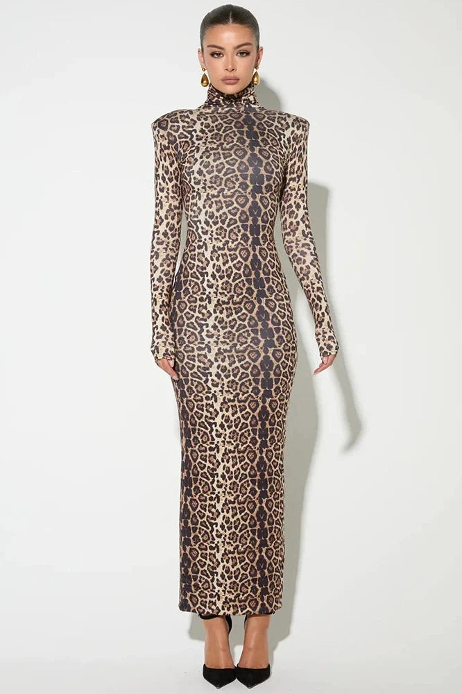 Leopard Print Long Sleeve Turtleneck Maxi Dress