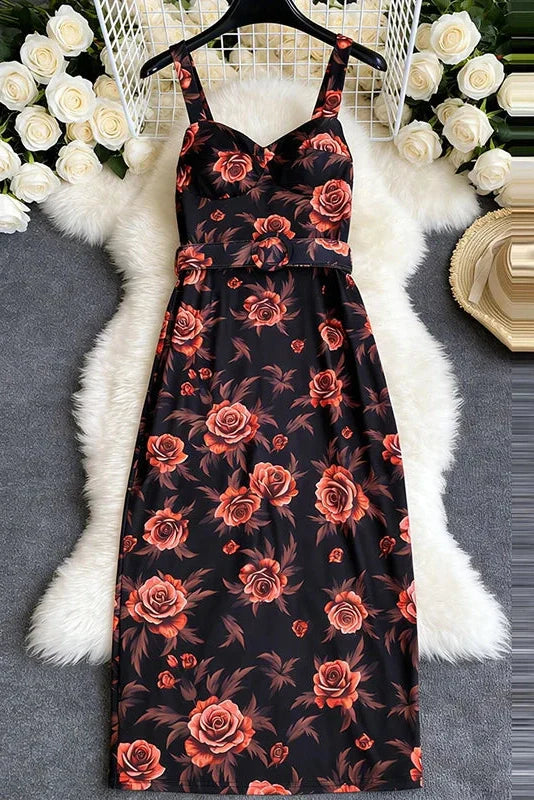 Backless Printed Slim Sleeveless High Waist Midi Dress