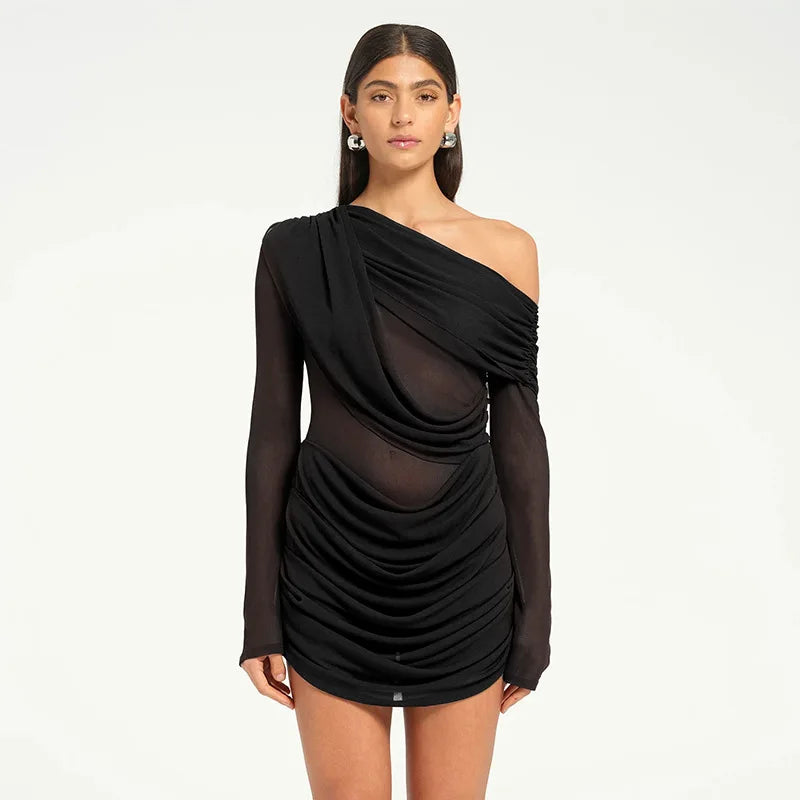 One Shoulder Long Sleeve Slim  Mini Dress