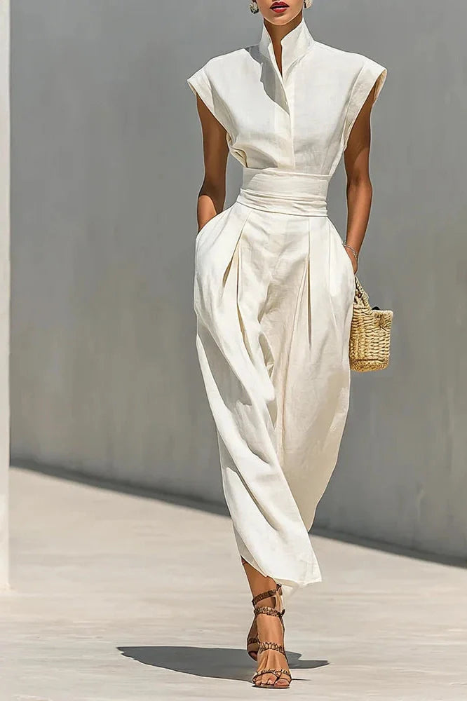 Elegant High Waist Slim Pleated Sleeveless Midi Dress