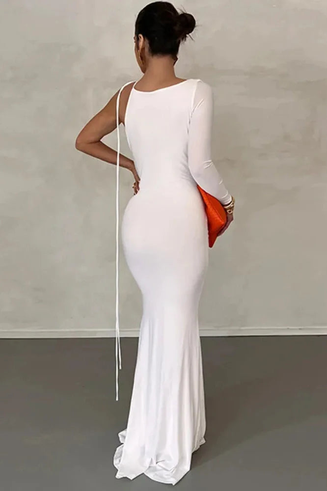 Elegant V Neck One Sleeve Lace-up Backless Maxi Dress