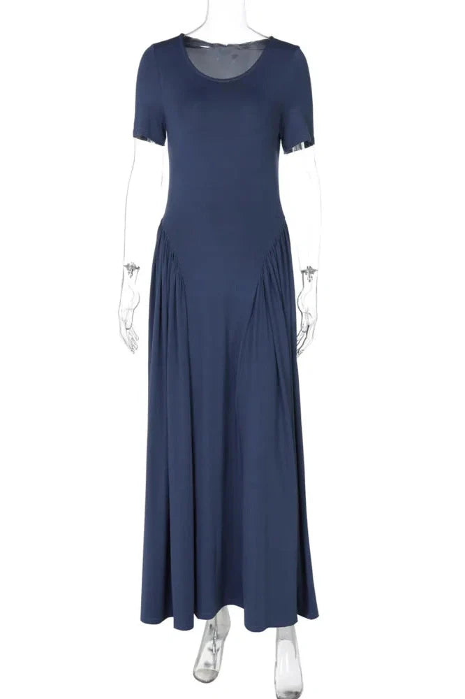 Short Sleeve O Neck High Waist Pleated Maxi Dress
