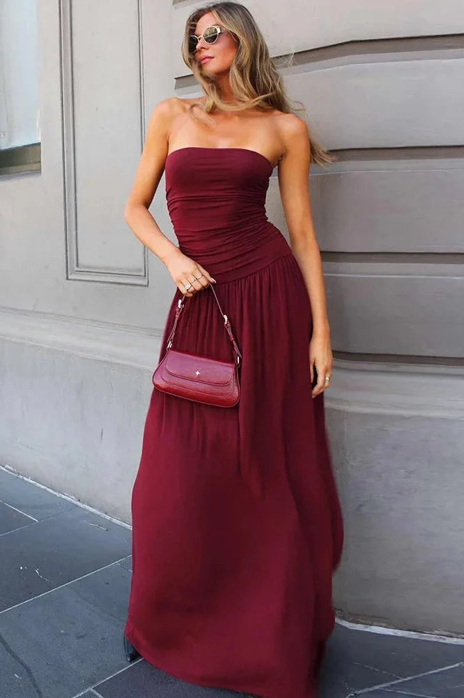Off-Shoulder Strapless Pleated Sleeveless High Waist Maxi Dress