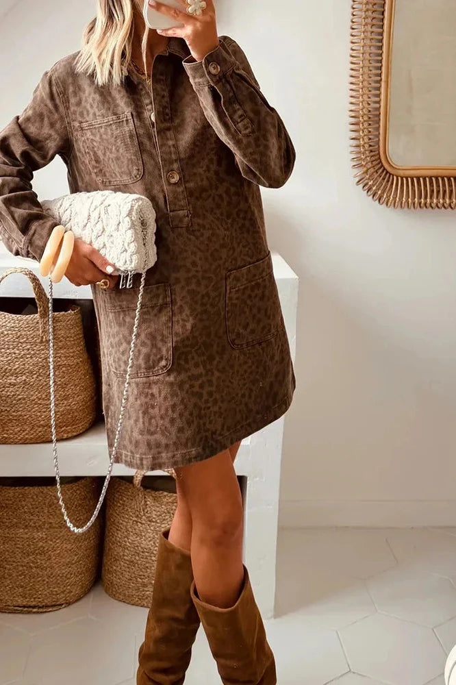 Elegant Long Sleeve Pocket High Waist Loose Printed Mini Dress