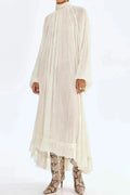 Elegant Pleated O-Neck Long Sleeve Loose Maxi Dress