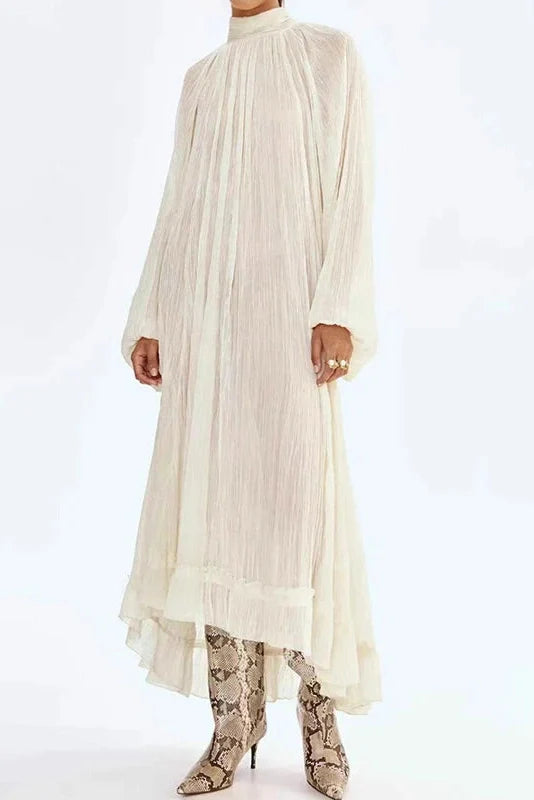 Elegant Pleated O-Neck Long Sleeve Loose Maxi Dress
