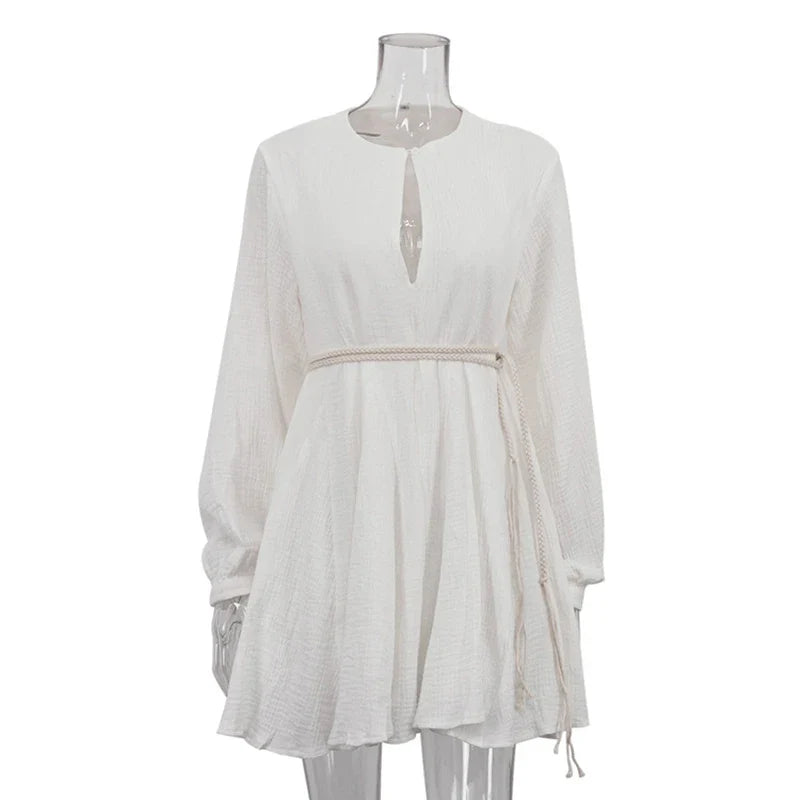 Long Sleeve V Neck Lace Up A-Line Mini Dress