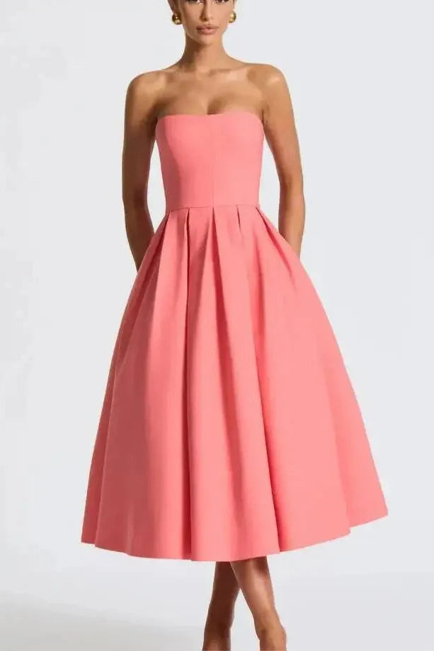 Off-Shoulder Strapless Sleeveless Backless High Waist A-Line Midi Dress