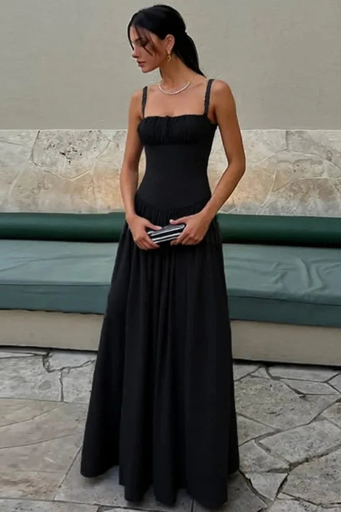 Spaghetti Strap Backless Sleeveless High Waist Pleated Maxi Dress