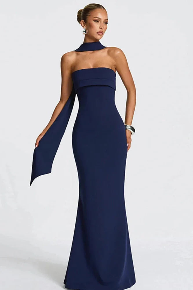 Off-Shoulder Strapless Scarf Collar Sleeveless Backless Bodycon Maxi Dress