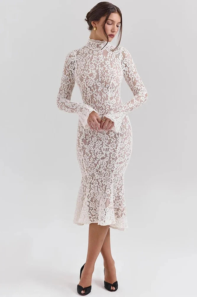 Lace Long Sleeve High Waist Bodycon Midi Dress