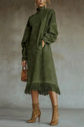 Elegant High Collar Loose A-Line High Waist Pocket Midi Dress