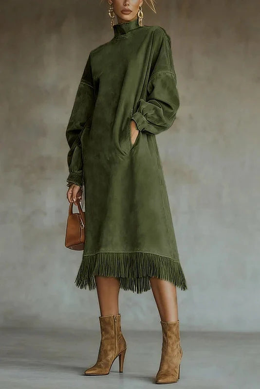 Elegant High Collar Loose A-Line High Waist Pocket Midi Dress