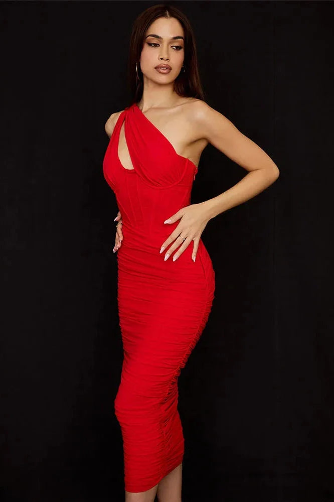 Elegant One Shoulder Sleeveless Backless Midi Dress