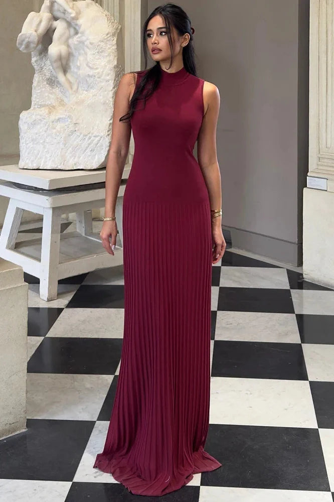 High Collar Sleeveless Bodycon Pleated Maxi Dress