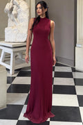 High Collar Sleeveless Bodycon Pleated Maxi Dress