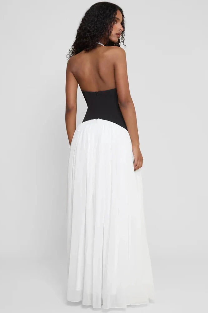 Deep V Neck Backless Patchwork Sleeveless High Waist Maxi Dress