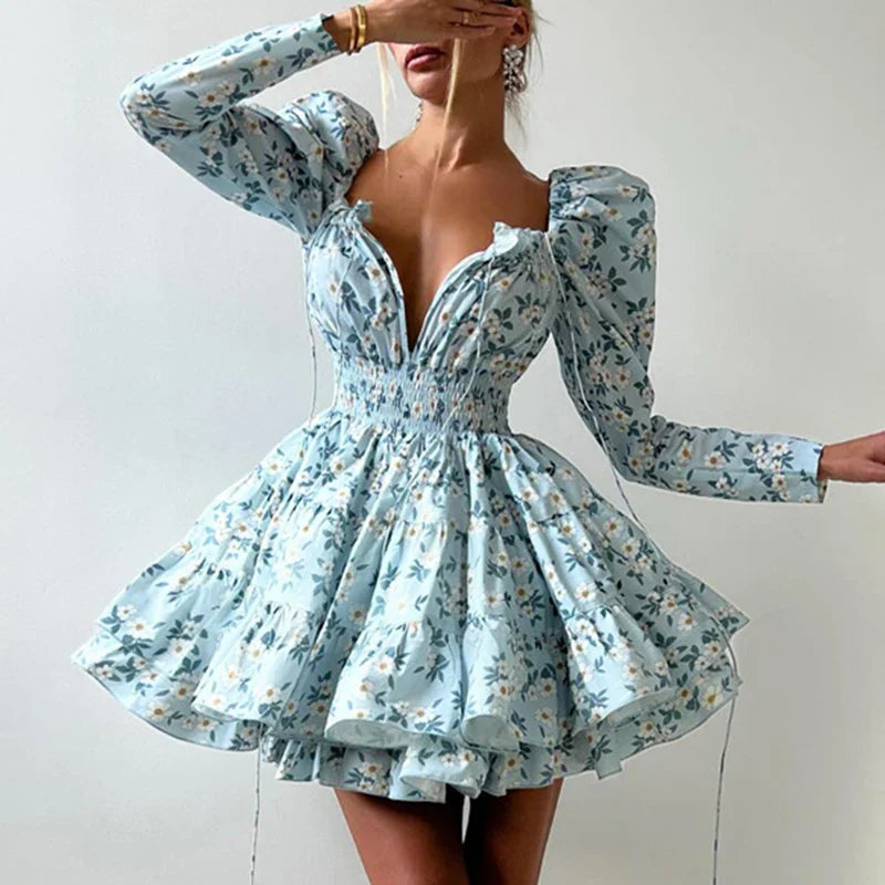 Printed Lace Up V-Neck Long Sleeve Elegant A-Line Mini Dress