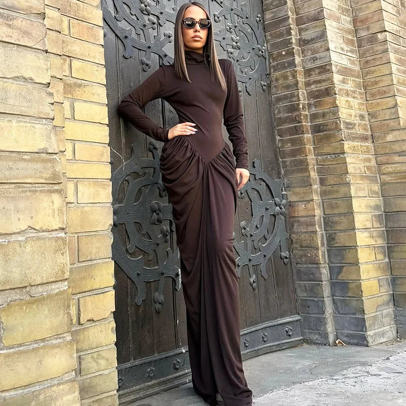 Elegant High Neck High Waist Long Sleeve Maxi Dress