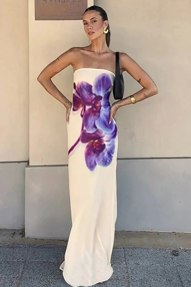 Printed Strapless Off-Shoulder Backless Sleeveless Maxi Dress