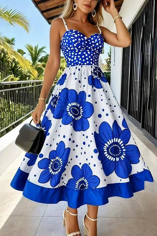 Sleeveless Pleated Printed Loose Midi Dress