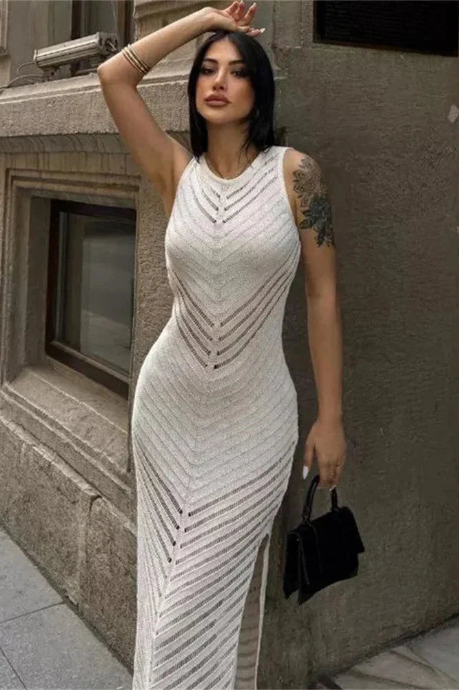 Hollow Out Patchwork High Waist Sleeveless Maxi Dress