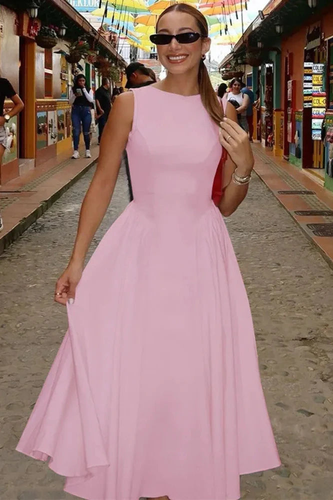 Sleeveless Pleated O Neck High Waist A-Line Midi Dress