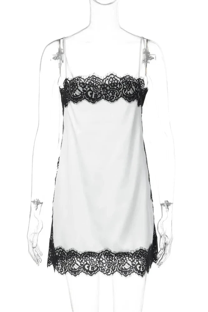 Lace Patchwork Spaghetti Strap Sleeveless Backless Bodycon Mini Dress