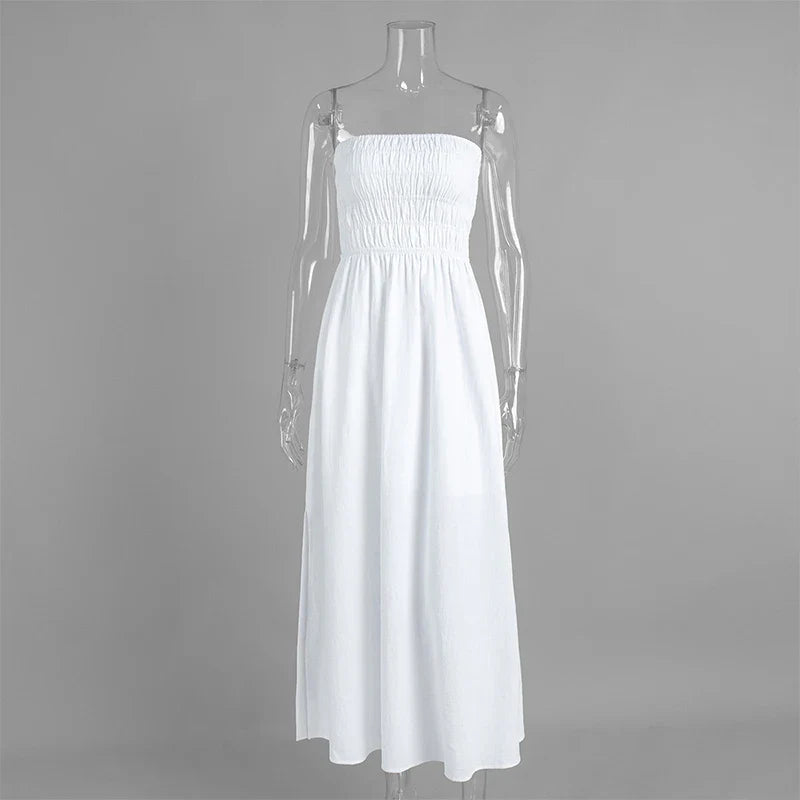 Strapless Off Shoulder High Waist Pleated Maxi Dress