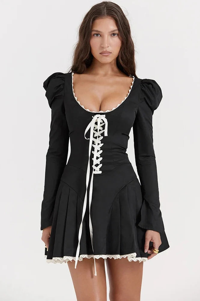 Lace Bandage Square Collar Puff Sleeve Mini Dress