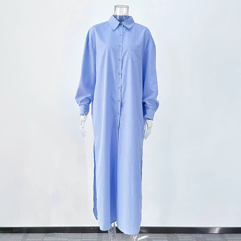 Long Sleeve Loose Single Breasted Slit Maxi Dress